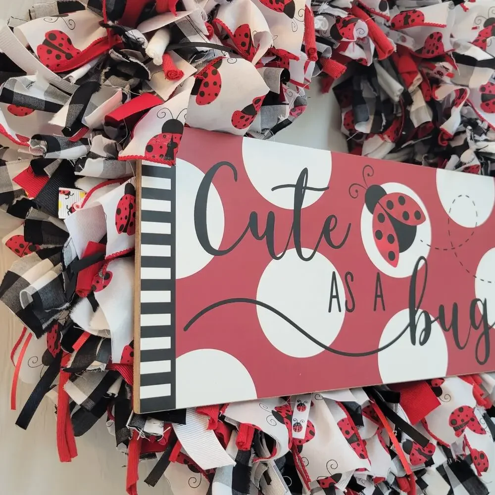 Cute as a Bug Handcrafted Rag Wreath Black White Red Ladybugs, 16